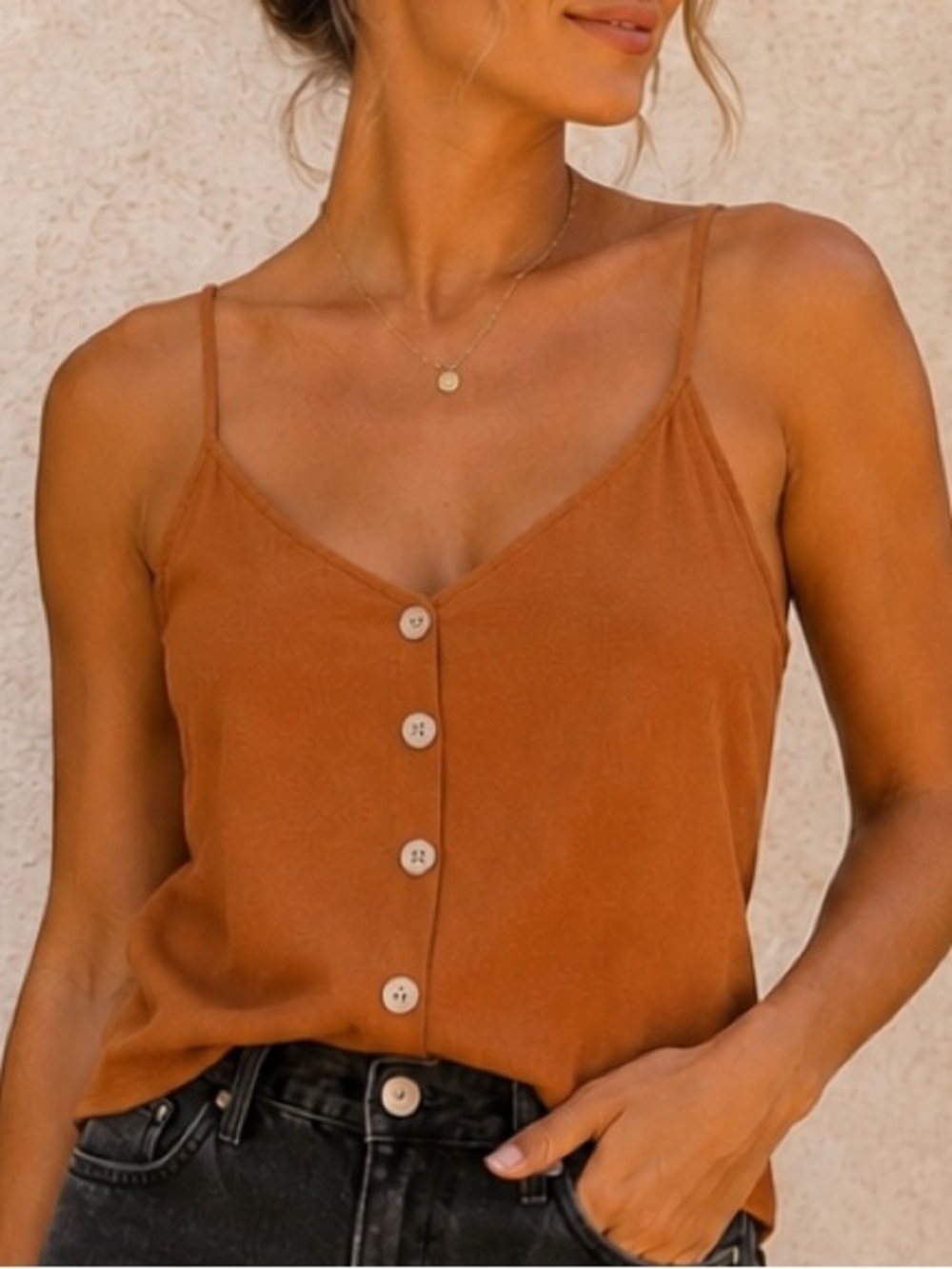 Women's Rust Button-Front V-Neck Cami Top